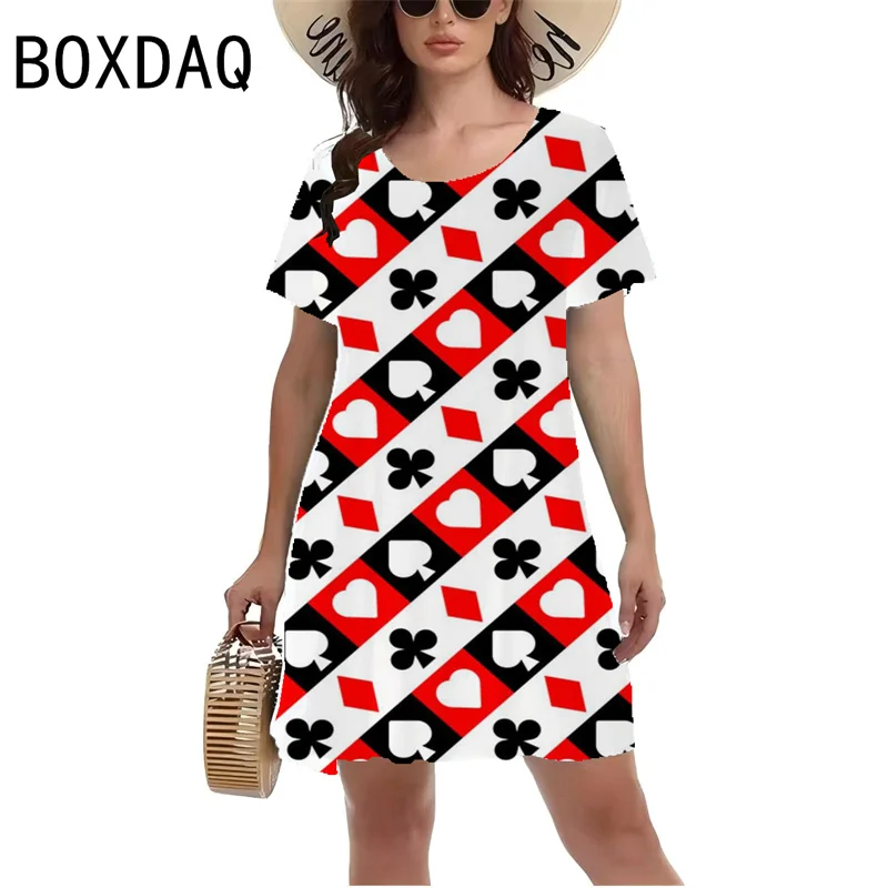 Red Poker Card Printed Dress Women Short Sleeve O-Neck Casual A-Line Dress 3D Red Peach Heart Plum Blossom Poker Style Dress