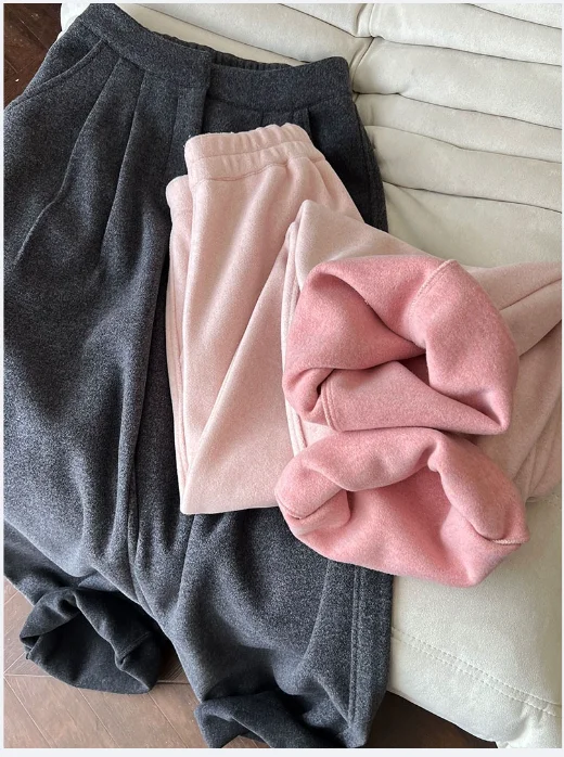 

2025 женские зимне-осенние толстые брюки с высокой талией, широкие теплые шерстяные брюки, модная одежда, винтажные брюки, женские брюки