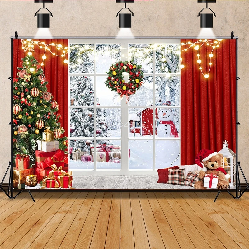 

SHUOZHIKE Christmas Tree Window Wreath Photography Backdrop Wooden Doors Snowman Cinema Pine New Year Background Prop ZF-23