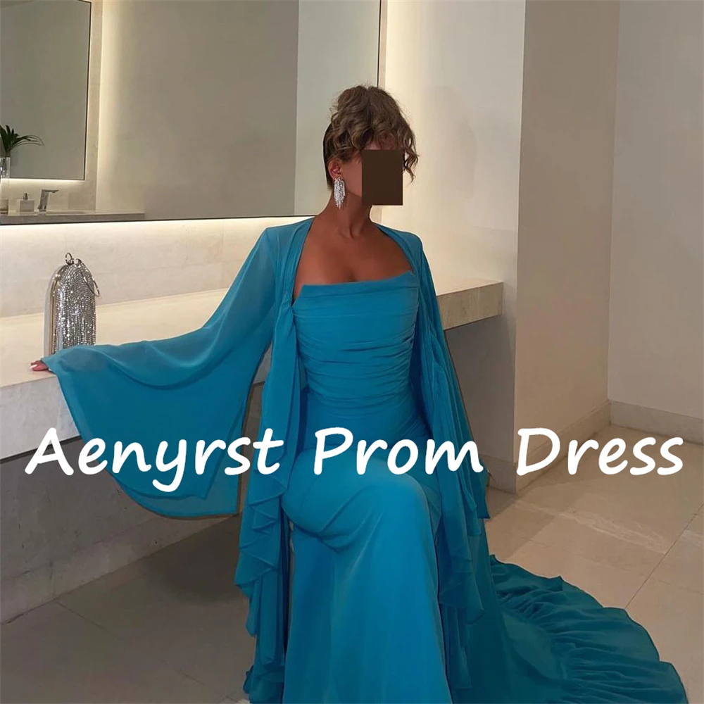 Aenyrst Blue Chiffon Long Sleeves Evening Dresses Straight Pleated Saudi Prom Gowns Floor Length Wedding Guest Dress customized