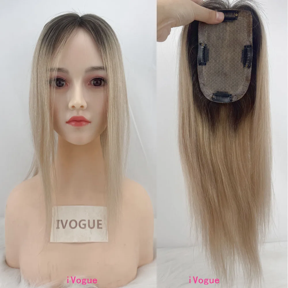 Butter Blonde Ombre Human Hair Women Toupee 9X14cm 16inch PU Around Mini Topper with Clips in Hair Pieces Custom Two Tone