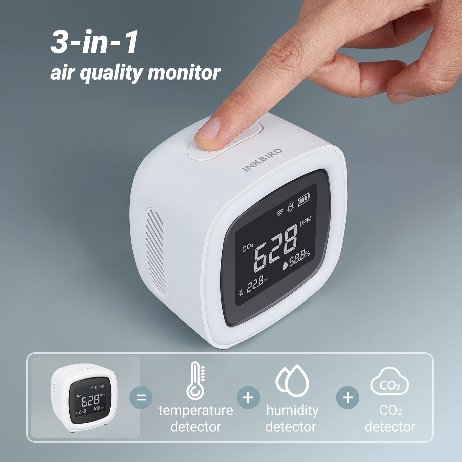 INKBIRD IAQM-068 3-In-1 Air Quality Monitor, Indoor CO₂Temperature Humidity Detector For Home, Grow Tents, Greenhouses, Office