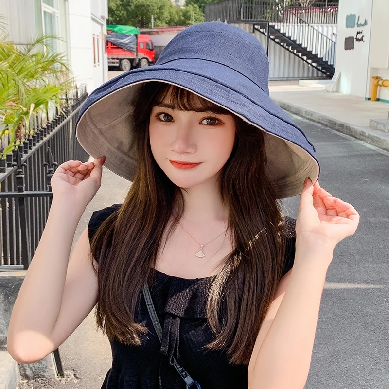 Hat Women Summer Bucket Hats With Double Sided Fisherman Hat Female Sun Protection Windproof Foldable Beach Hat Gorros