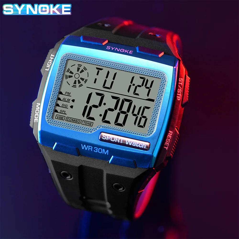 SYNOKE Men\'s Square Digital Watch Top Brand Electronic LED Wristwatch Waterproof Big Dial Men\'s Military Sport Watch Clock