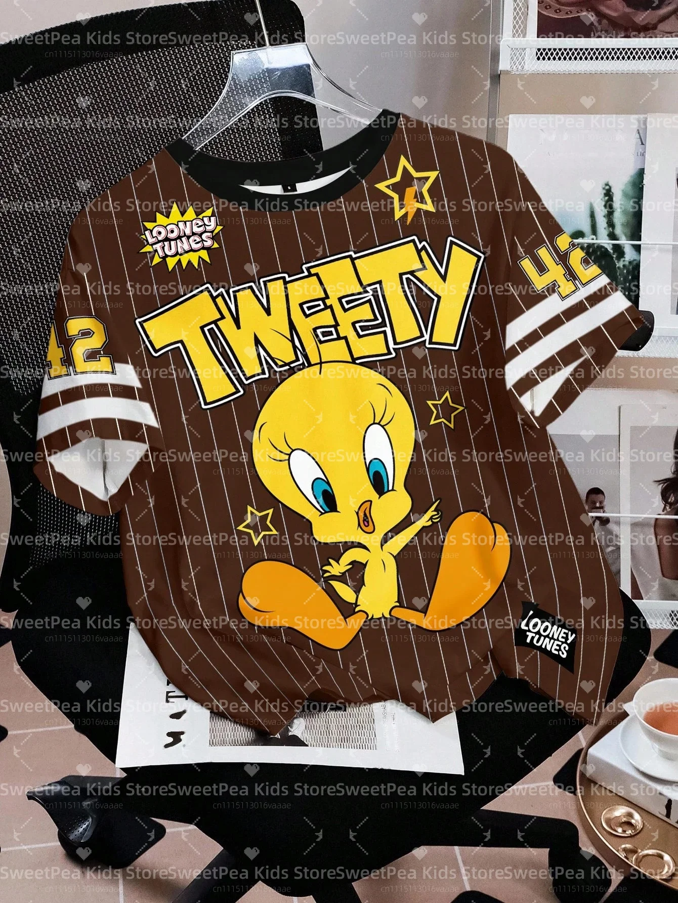 LOONEY TUNES Minimalist Casual Cartoon Design Pattern Print Summer Kids' T-shirt Round Neck Short Sleeve Pullover Loose T-shirt