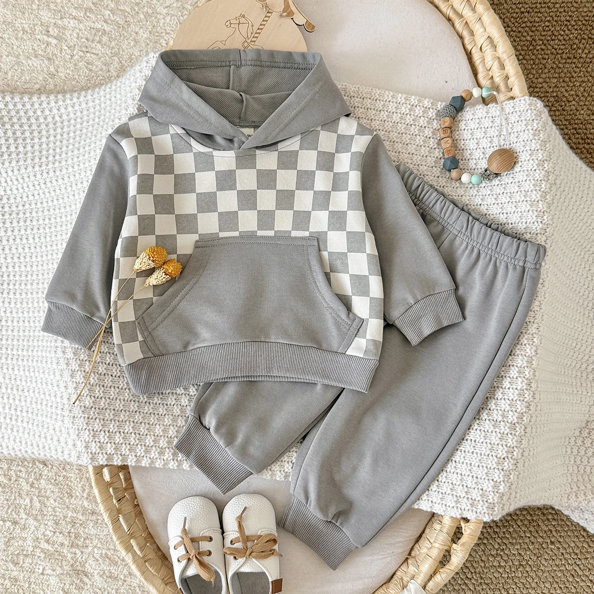 0-3Y Newborn Baby Chessboard Pattern Printing Hooded Clothes Set Long Sleeve Hoodie Top + Pant Spring/Autumn Casual Set