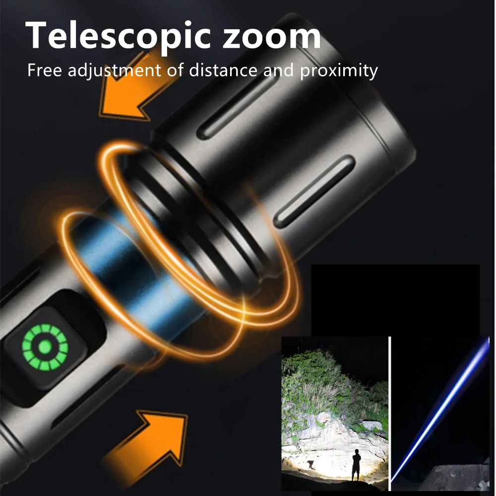 High Power Spotlight long LED Flashlight Side COB Aluminum Alloy Type-C 6 Modes Zoomable Ultra Bright Torch Emergency Lighting