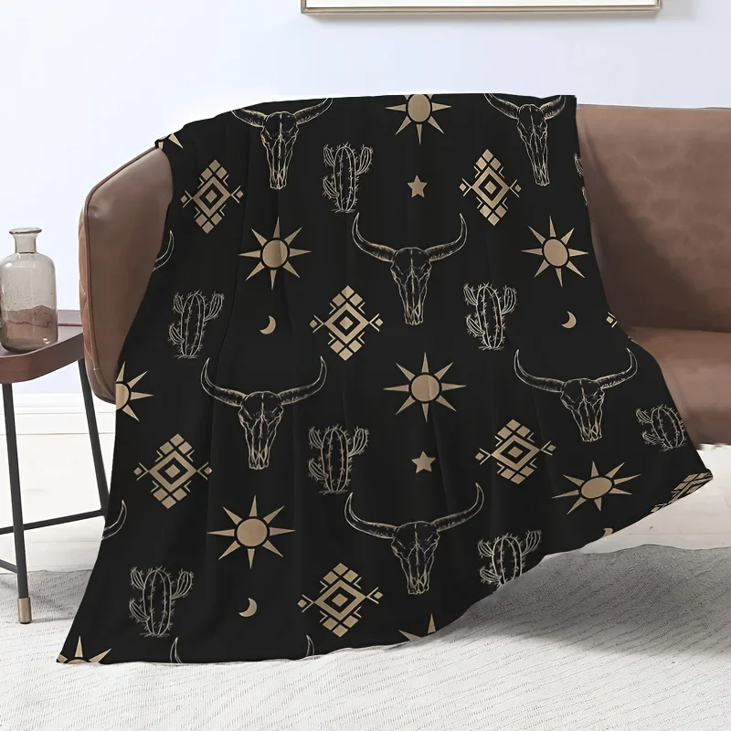 Boho Desert Skull Cactus Sun Pattern Throw Blanket Cozy Aesthetic Home Decor Gift for Couch