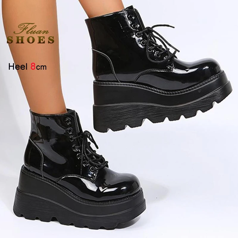 

Черные женские рыцарские сапоги Ботильоны с круглым носком Женская обувь на платформе со шнуровкой Короткие сапоги на высоком каблуке Размер 35-43