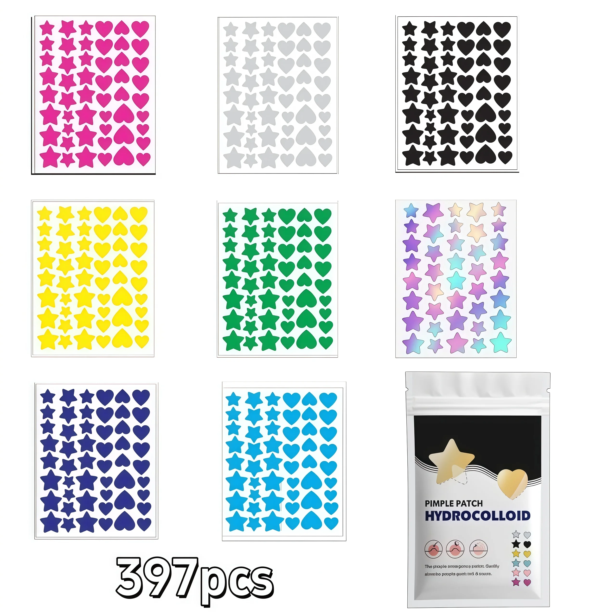 397/794pcs Holographic 7-Color Star & Heart Acne Patches – Absorbs Oil, Skin-Safe, Ideal for Sensitive Skin, Vibrant Design