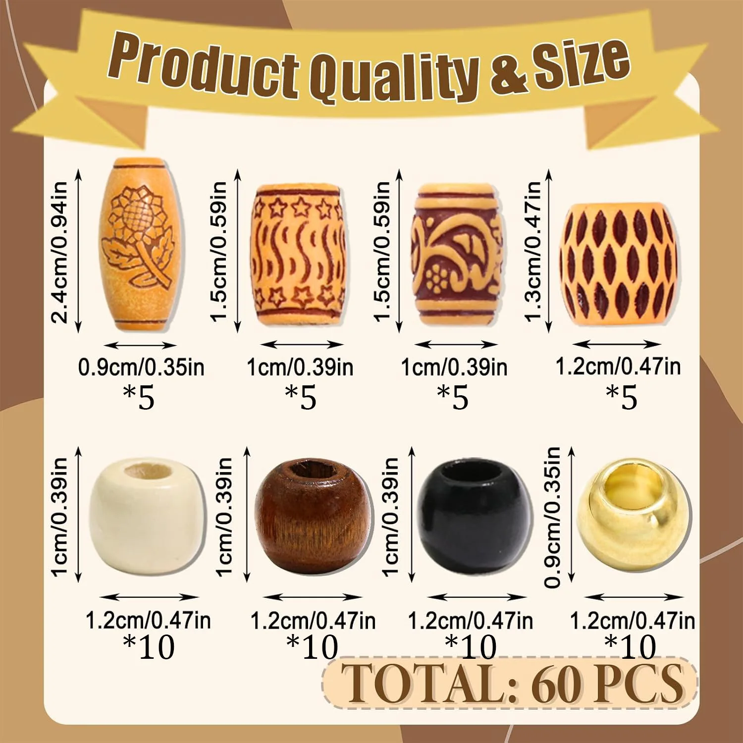 

Wooden Beads New Style Large Hole Alloy Beads Durable Diy Accessory Parts Exquisite Decorative Beads for Wig Braid Hairstyle