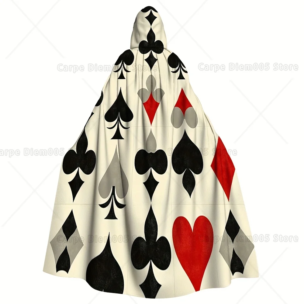 

1pc Playing Card Pattern Cape Cloak with Hood Polyester Halloween Costume Fancy Dress Party Role Play Outfit Machine Washable
