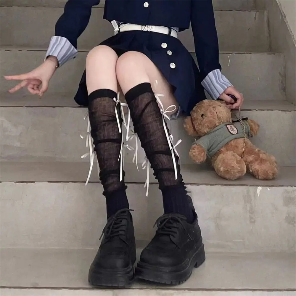 1 Pair Kawaii Ballet Style Lolita Long Socks Transparent Bandage Bowknot JK Stockings Thin Style Knee High Socks for Women Girls