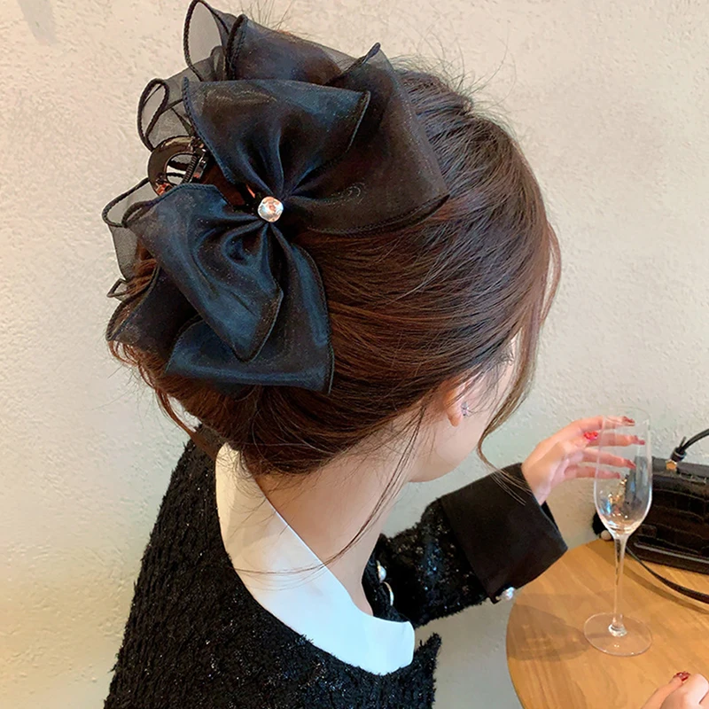 Fashion Tulle Big Bow Hair Claw Clips for Women Elegant Bowknot Hairpin Ponytail Clip Sweet Headdress Hair Accessories