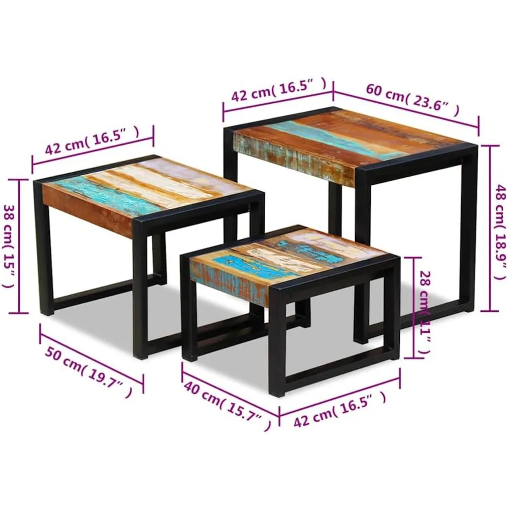 طقم طاولات متداخلة عتيقة مكونة من ثلاث قطع مع أرجل من الخشب والصلب الأسود المستصلحة - لمسة نهائية متعددة الألوان لغرفة المعيشة متعددة الاستخدامات #3