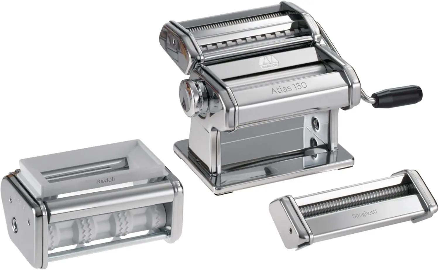 

Made in Italy PASTASET Pasta Machine Gift Set, Chrome Steel. Includes Atlas 150 Pasta Machine, Ravioli & Spaghetti Attachments.