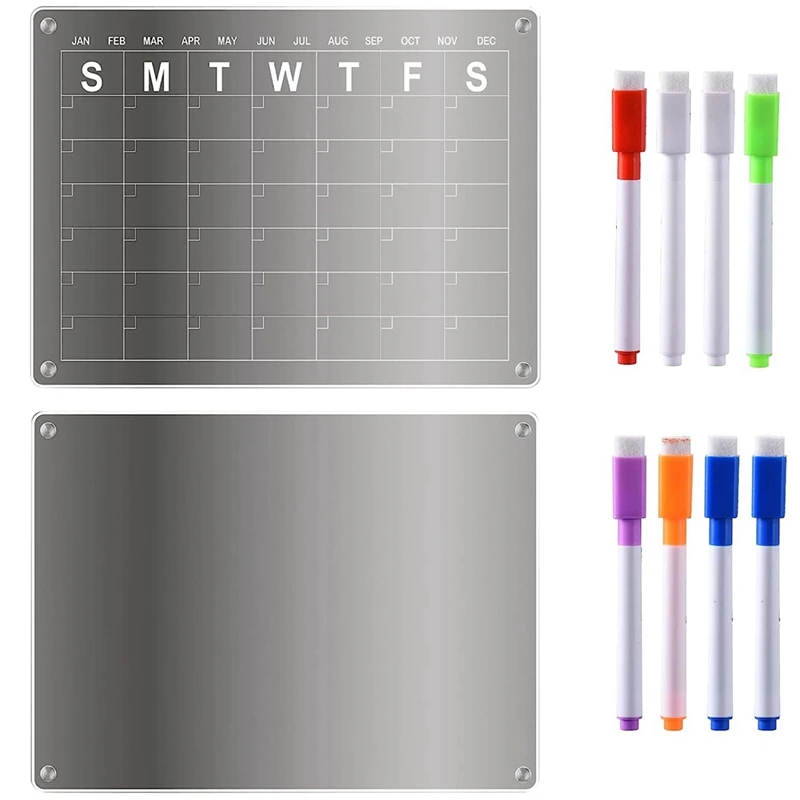 

2Pcs Acrylic Magnetic Calendar For Fridge, Reusable Planner With 8 Dry Erase Markers