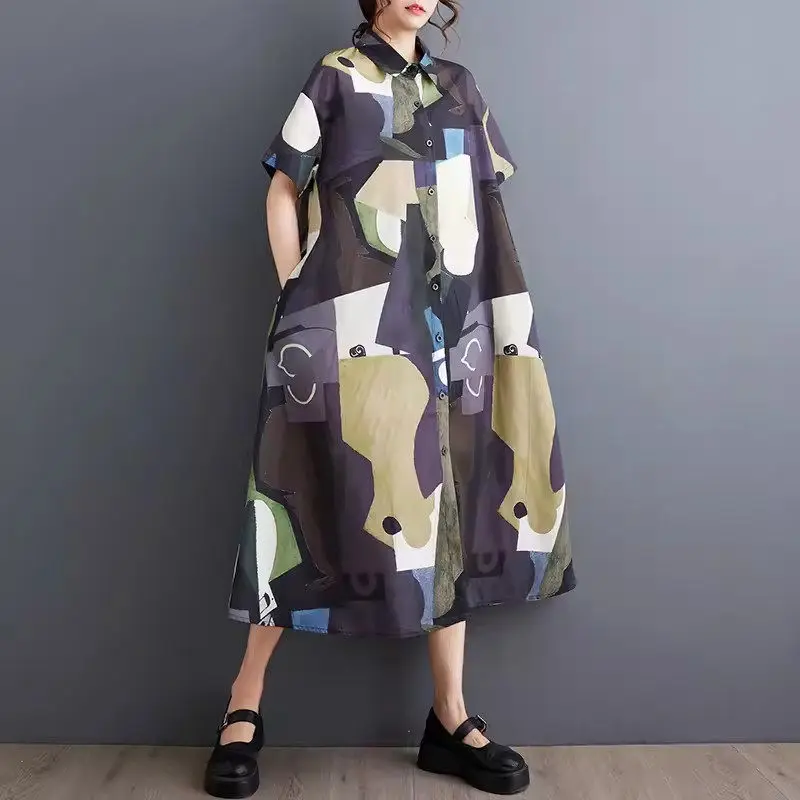 Robe imprimée patchwork d'art rétro pour femmes, robe midi polyvalente, manches courtes, robe décontractée, été, 2024, k1286