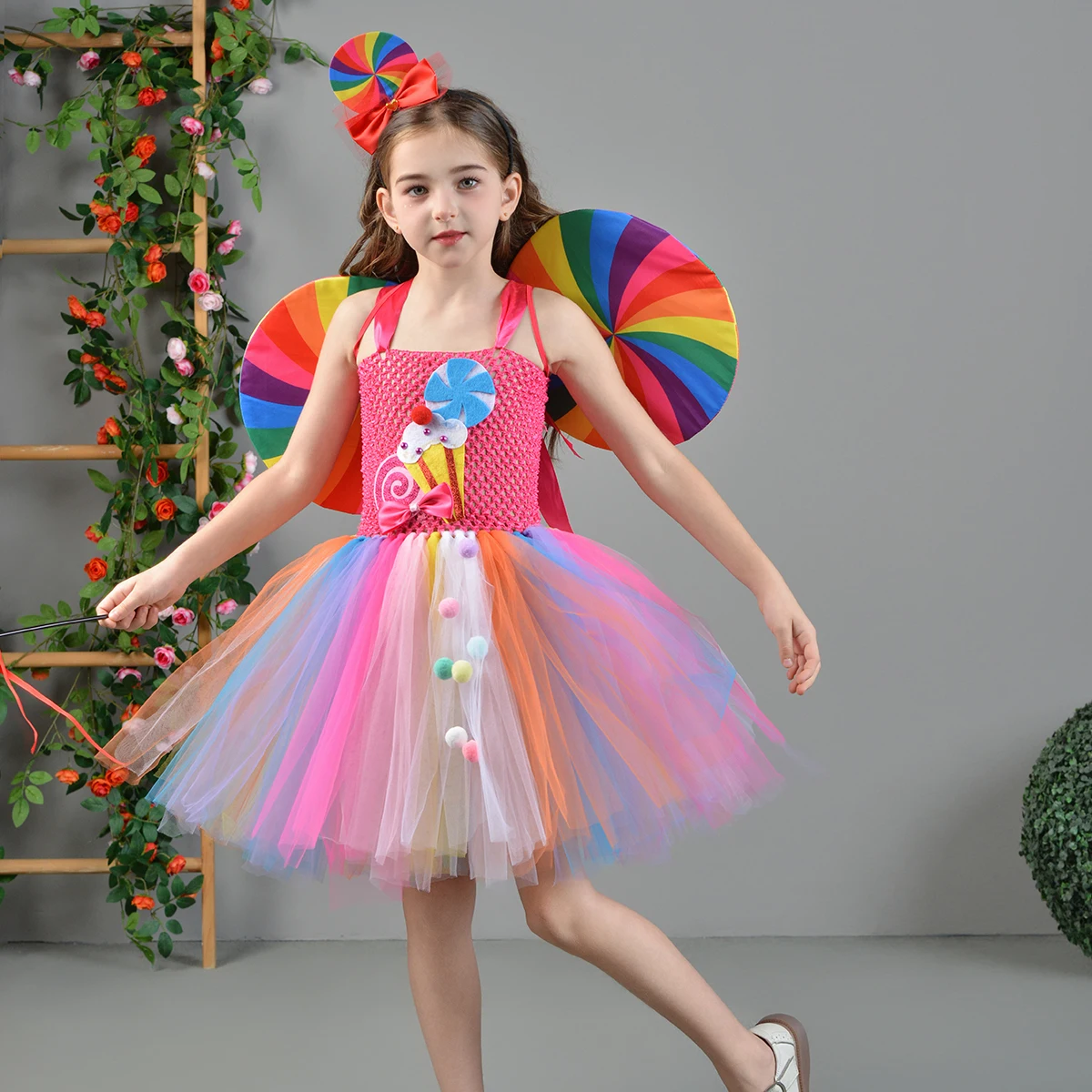Girls Lollipop Candy Tutu Dress Rainbow Girl Birthday Party Tulle Dress with Wing Set Kids Candyland Carnival Halloween Costume
