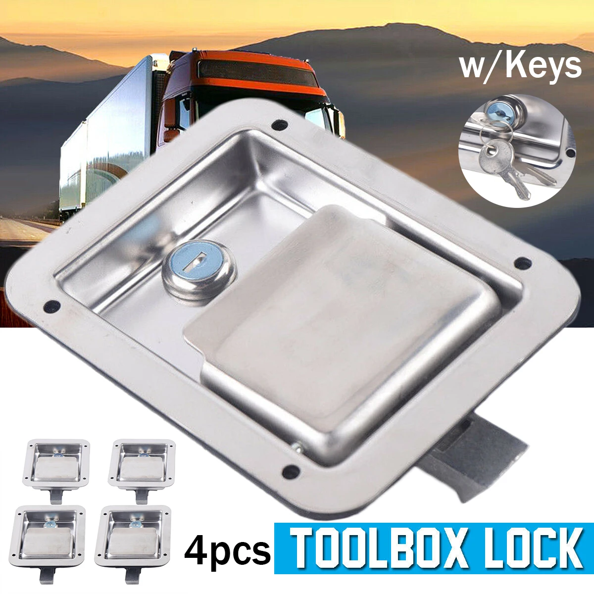 

4PCS Trailer Paddle High-Quality Door Latch 5.5"*4.25" Stainless Steel Lock + Keys RV Truck Tool Door Latch Safety