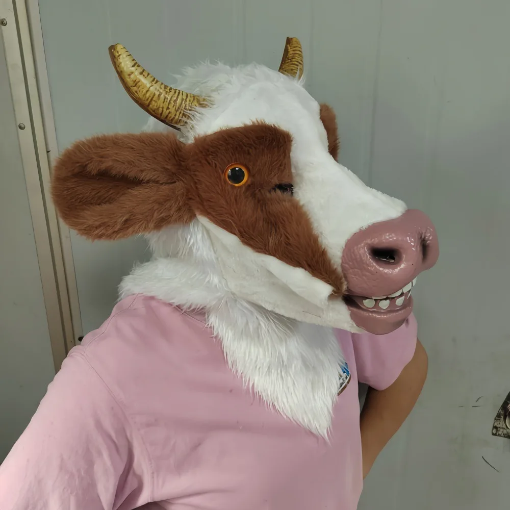 Pelzige Kuhmaske für Erwachsene, Naturlatex Tier-Vollkopfmaske für Halloween, Cosplay und Kostümpartys – Detail 2