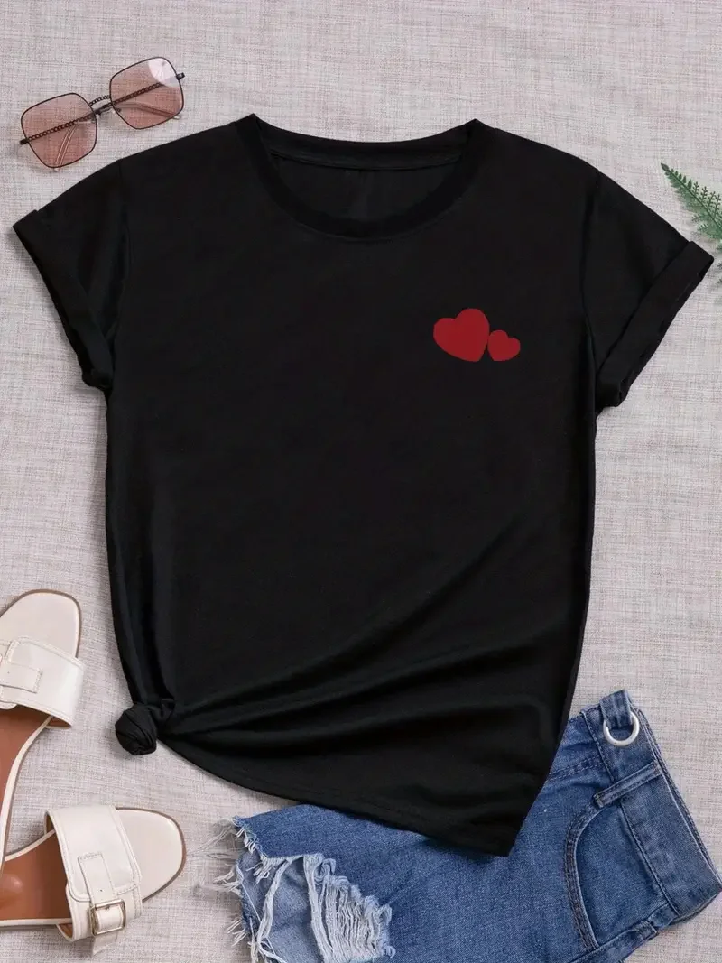 Red Heart Print T-Shirt, Casual Crew Neck Short Sleeve T-Shirt For Spring & Summer, Women\'s Clothing