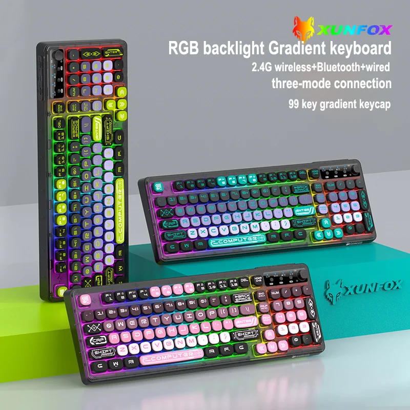 

RGB Backlight Wireless Keyboard 2.4G/Bluetooth/Wired Tri-Mode Rechargeable Bluetooth Keyboard 99Key Gradient Gaming Keyboard