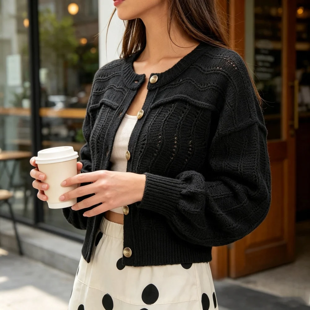 Openwork Wavy Pattern Short Sleeve Round Neck Knit Sweater for Women Ideal for Beach Vacation and Warm Weather