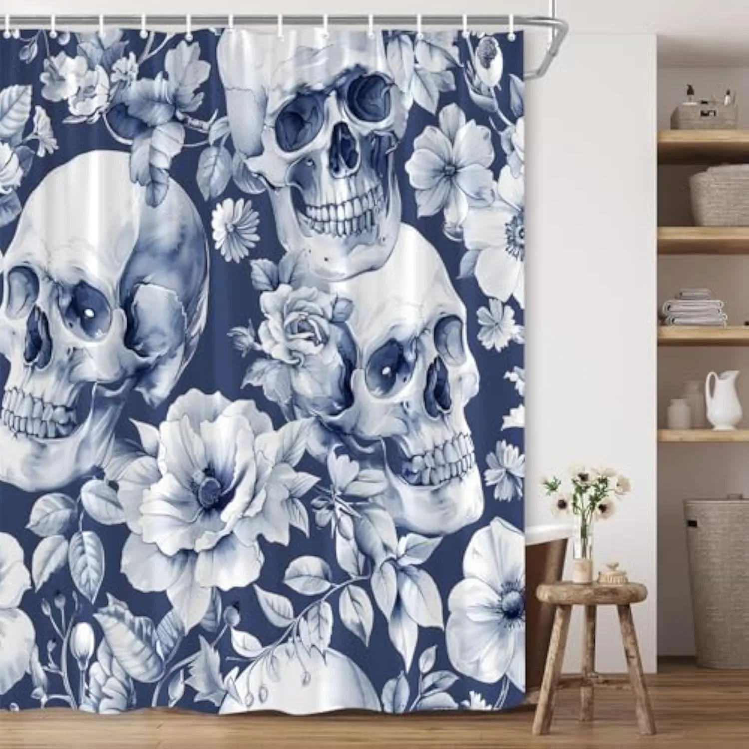 Blue Skull Flower Shower Curtain Vintage Skeleton Floral Gothic Spooky Halloween Polyester Fabric