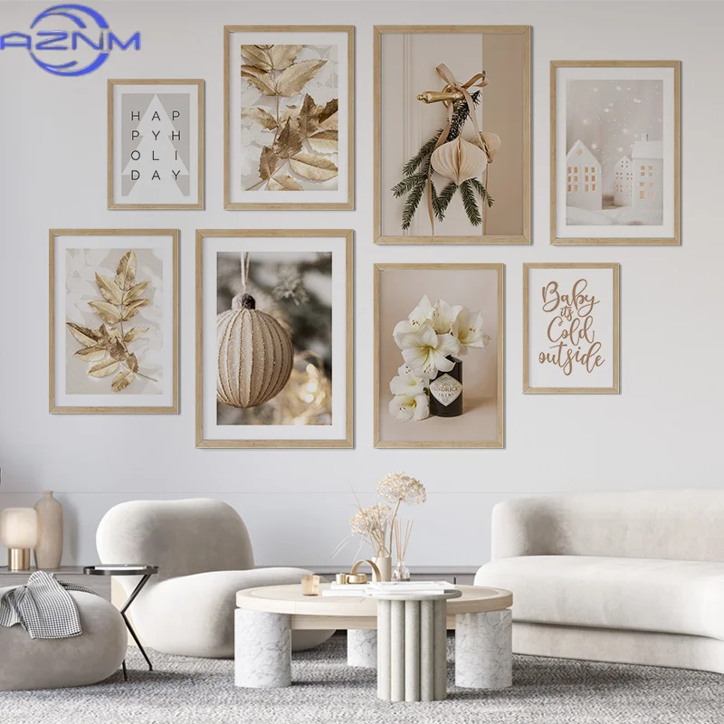 AZNM Golden Gin Bauble Leaves Flower Decorated Door Christmas Tree Posters for Room Art Print Canvas Painting Holidays Gallery W