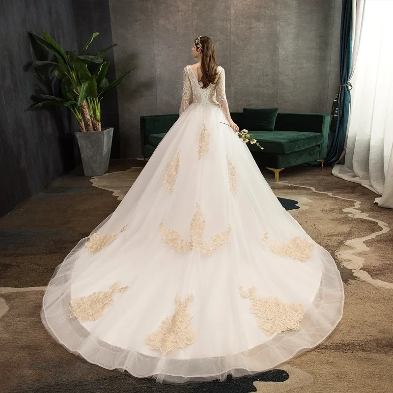Champagne Gold Heavy Lace Tassel Mid-Sleeve Wedding Dress  Bride Main Gown V-Neck Ball Gown Train French Luxury Palace Style Bri