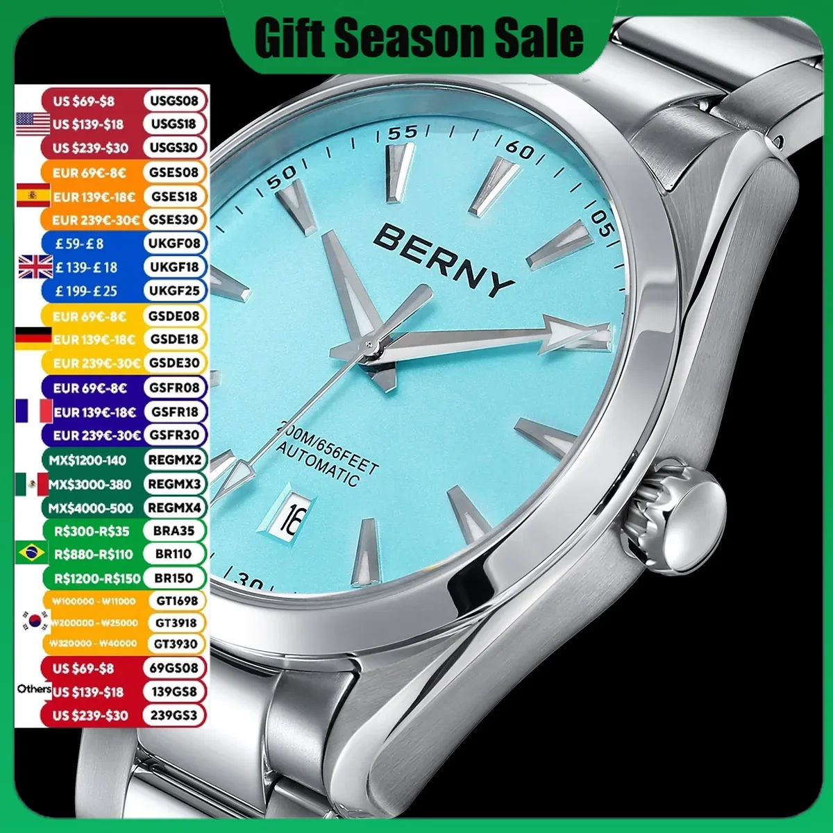 BERNY Automatic Watch for Men Mechanical Wristwatch Waterproof 20ATM Stainless Steel Luxury Sapphire NH35 Automatic Watch Men