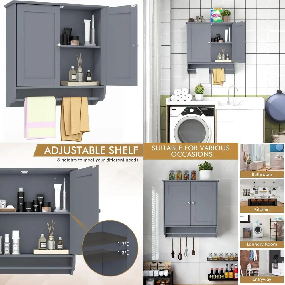 

Серый настенный шкаф для ванной с перекладиной, двойными дверцами и регулируемыми полками для хранения над унитазом в прачечной и на кухне
