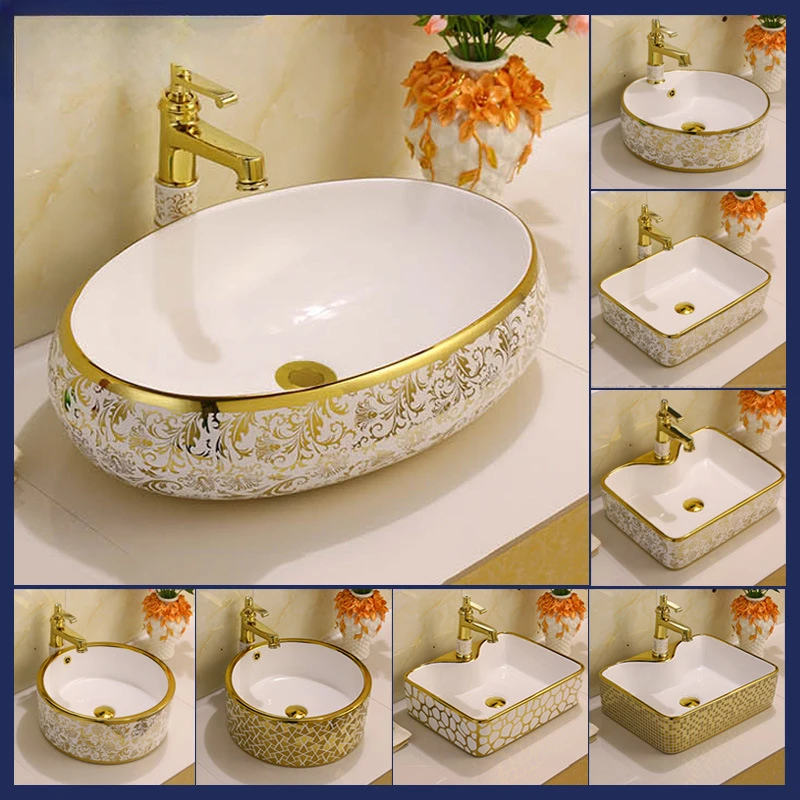 

European-style Electroplated Ceramic Washbasin Gold Basin Gold Flower Table Basin