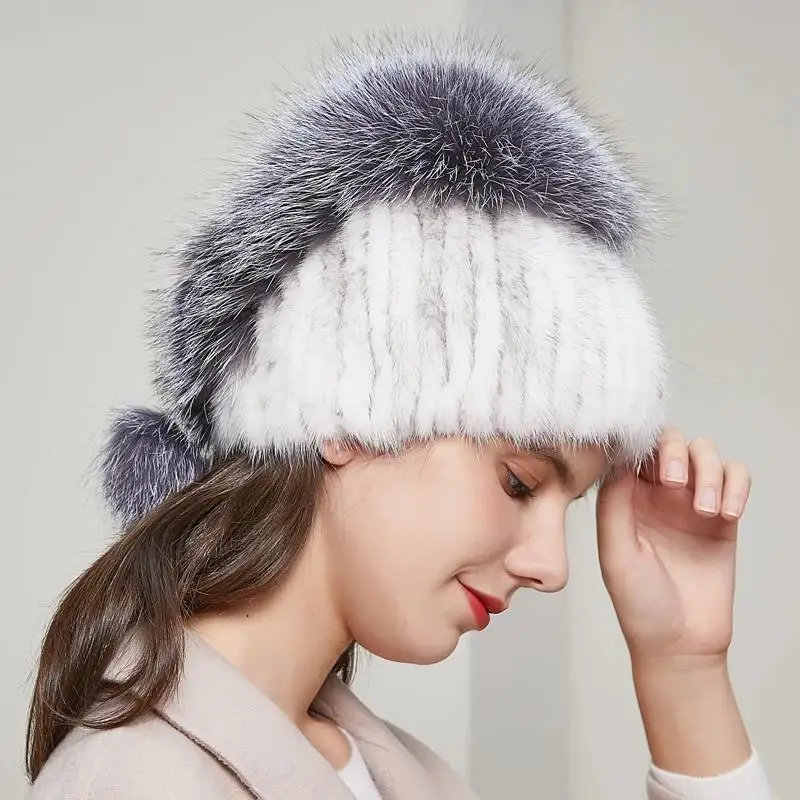 

Winter Women's Hat Real Mink Fox Fur Hat Knitted Cap with Rhinestone Heart-Shaped Design And Ball Warm Beanie Fashion Accessory