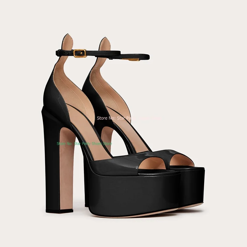 Summer Woman Square Super High Heel Sandals Female Buckle Ankle Strap Peep Toe Platform Party Black White Nude Sandal Shoes