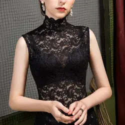 Women's 2024 Spring Autumn New Half High Neck Lace Gauze Hook Flower Hollow Sleeveless Sexy Fashion Pullover Tanks Bottom Tops