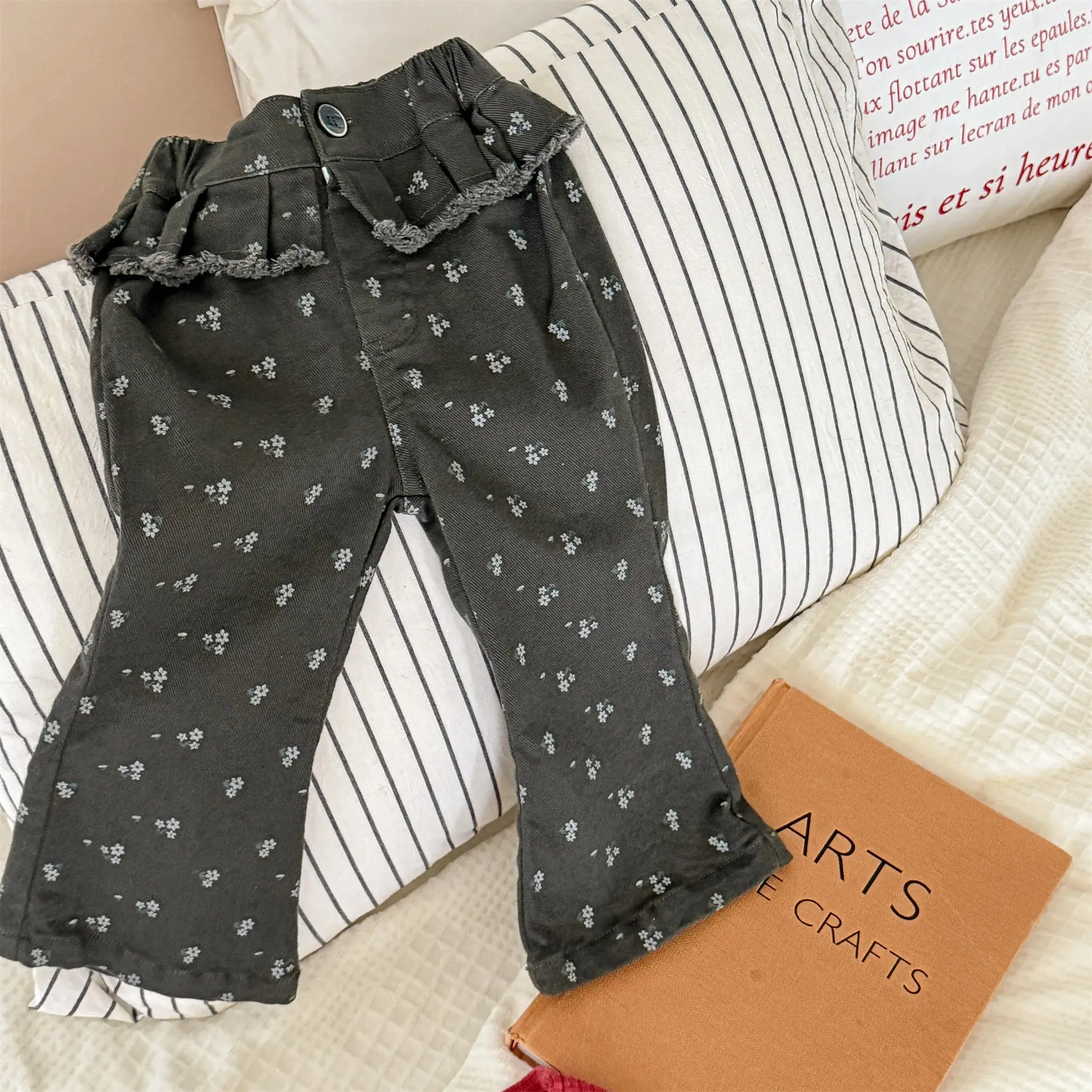 Girls Spring Flare Long Pants Kids Casual Trousers With Spliced Waistband, Unique Design Bottoms For Spring & Autumn