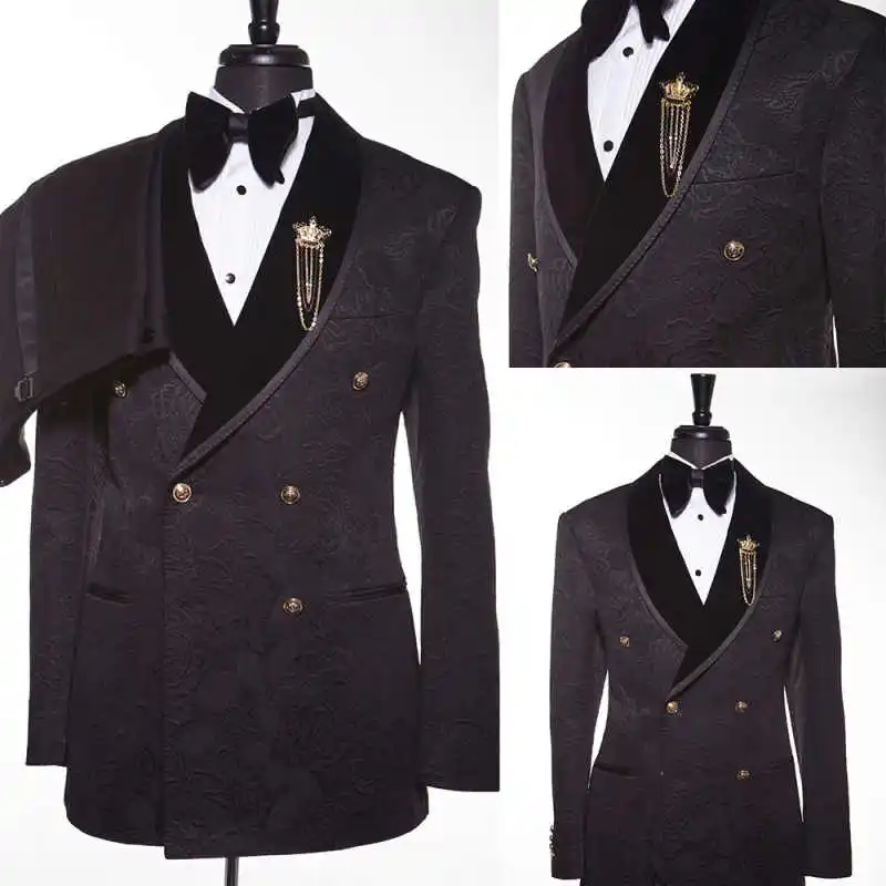 

Hot Sale Jacquard Men Suit Double Breasted Shawl Lapel 2 Pcs Jacket Pants Wedding Grooms Tuxedos Evening Party Blazers