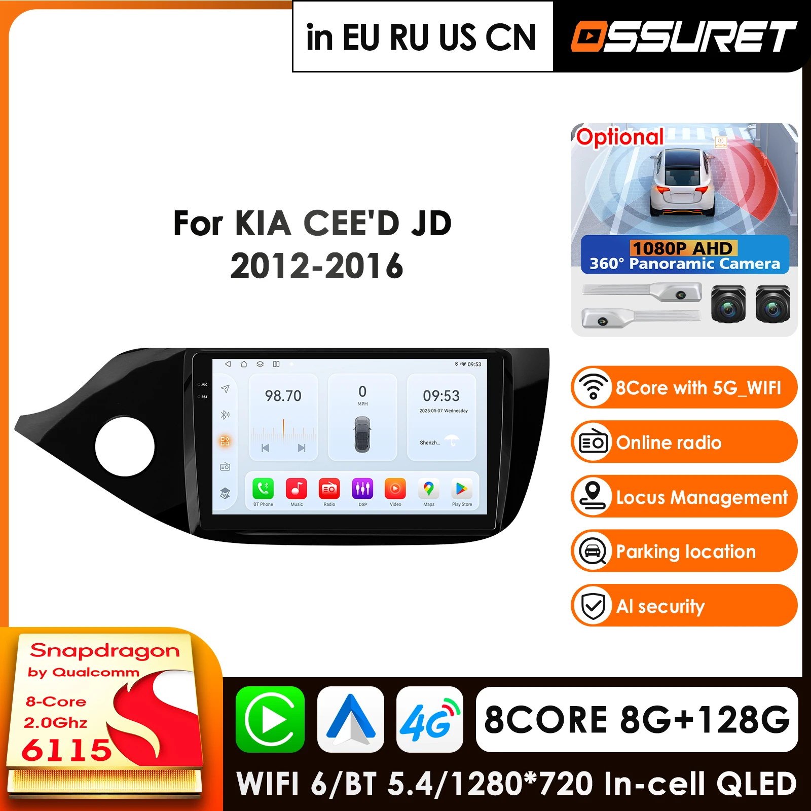 9 Inch Carplay 4G 2 Din Android 14 Car Radio for KIA Cee'd JD 2012 - 2016 CEED Sportswagon Video Player GPS DSP WIFI Multimedia