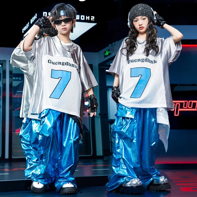 스트리트 댄스 키즈 공연 세트 소년 힙합 티셔츠 짧은 소매 의상 소녀 무대 캣워크 블루 바지 옷