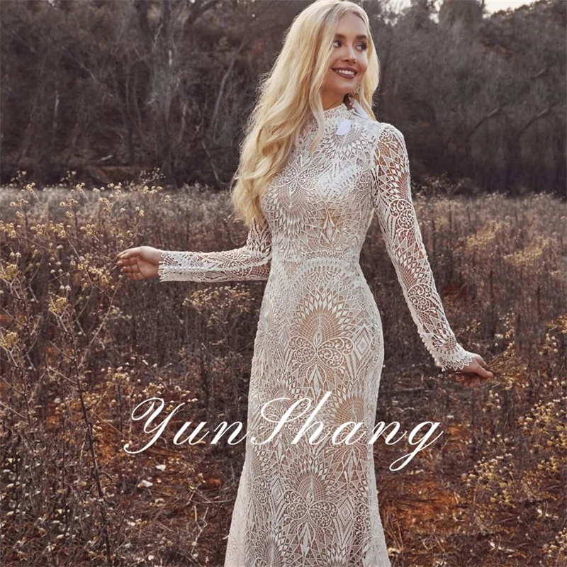 Yunshang Elegant Mermaid Wedding Dresses Women Lace Open Back Long Sleeve Bridal Gown High Collar Sweep Train Vestidos De Novia