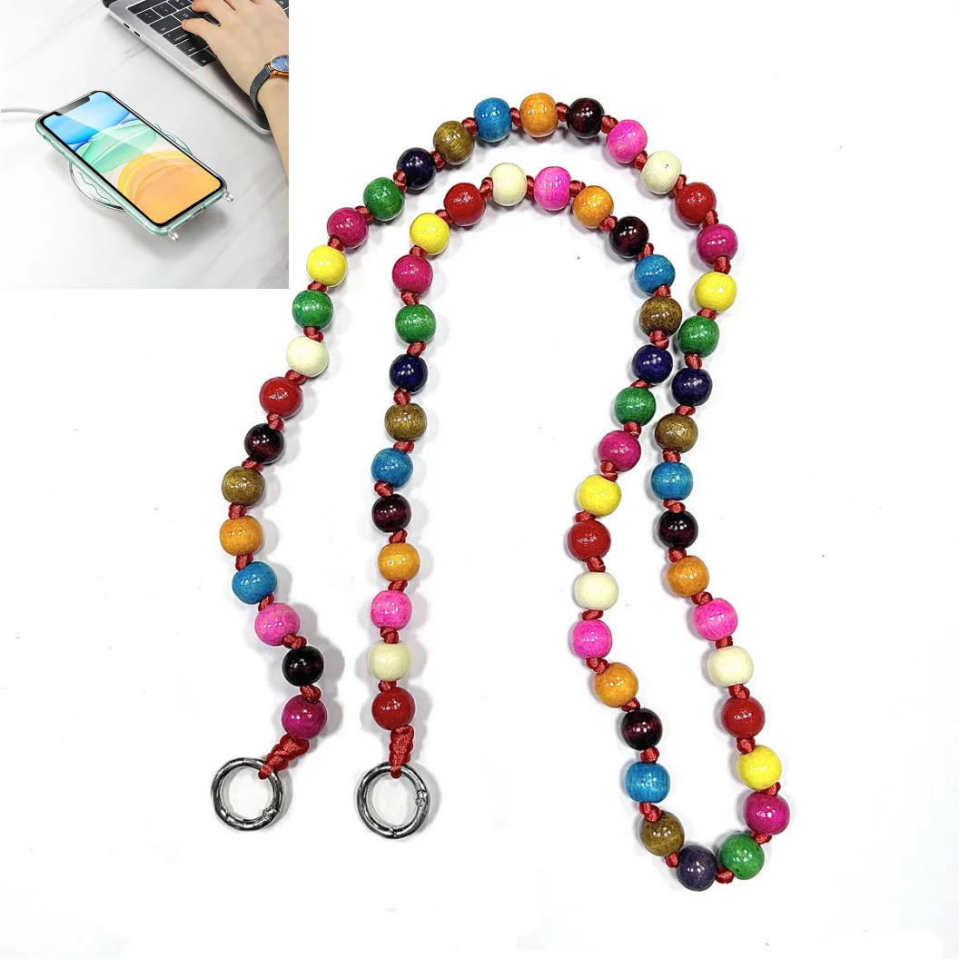 

120CM Wood Grain Beads Pendant Necklace Vintage Phone Chain For iPhone 15 14 Pro 12 11 Pro Lanyard Bag Chain Cell Phone Strap