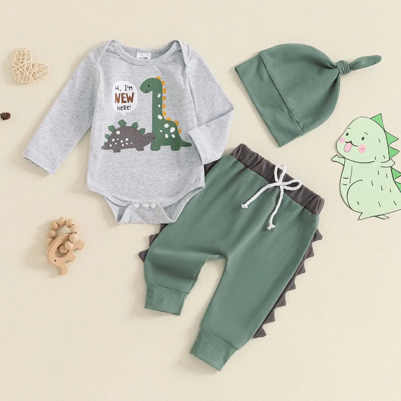 Newborn Baby Boys Pants Sets Spring Fall Clothes Long Sleeve Crew Neck Dinosaur Bodysuit with Contrast Color Sweatpants and Hat