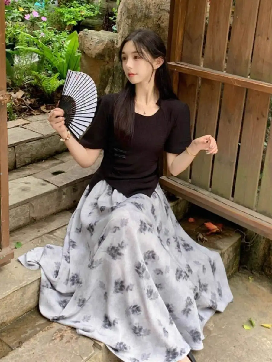 Afslanken Chinese Sle Zomer Nieuwe Trendy vrouwen Set Bloemen f Rok Ele Top plus Size 300Pou Tweedelige Set