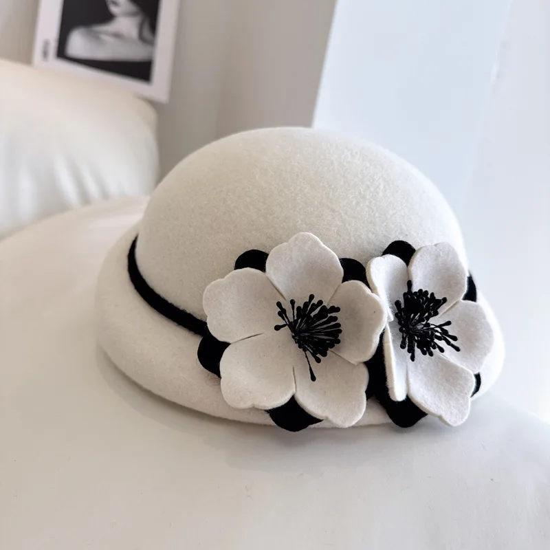 Small fragrant camellia beret High quality Australian wool felt hat Hepburn style elegant fashion hat