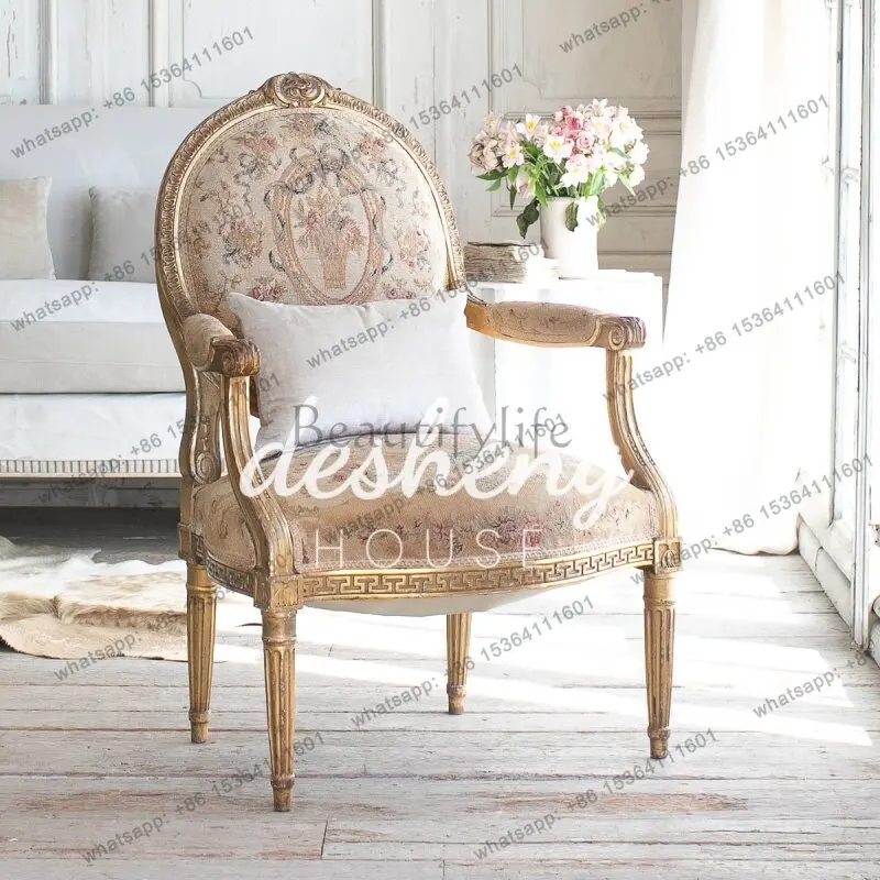 European Court Antique Solid Wood Carved Single Sofa French Vintage Gold Distressed Lounge Chair