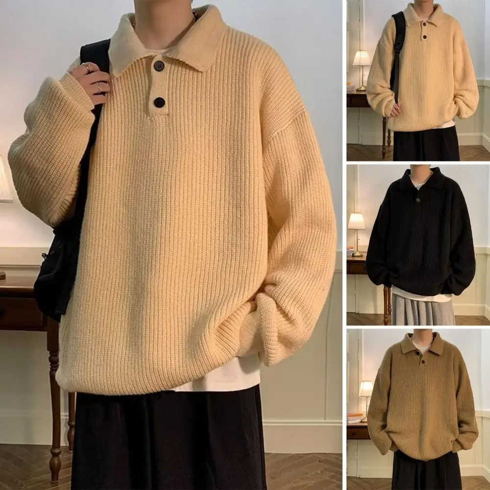 

Men Loose Fit Sweater Men's Loose Fit Knitwear Autumn Winter Sweater with Lapel Buttons Solid Color Long Sleeve for Warmth