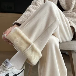 Wide-Leg Corduroy Pants for Women Beige and White High Waisted Drape Casual Small Corduroy Fleece-lined Straight Pants