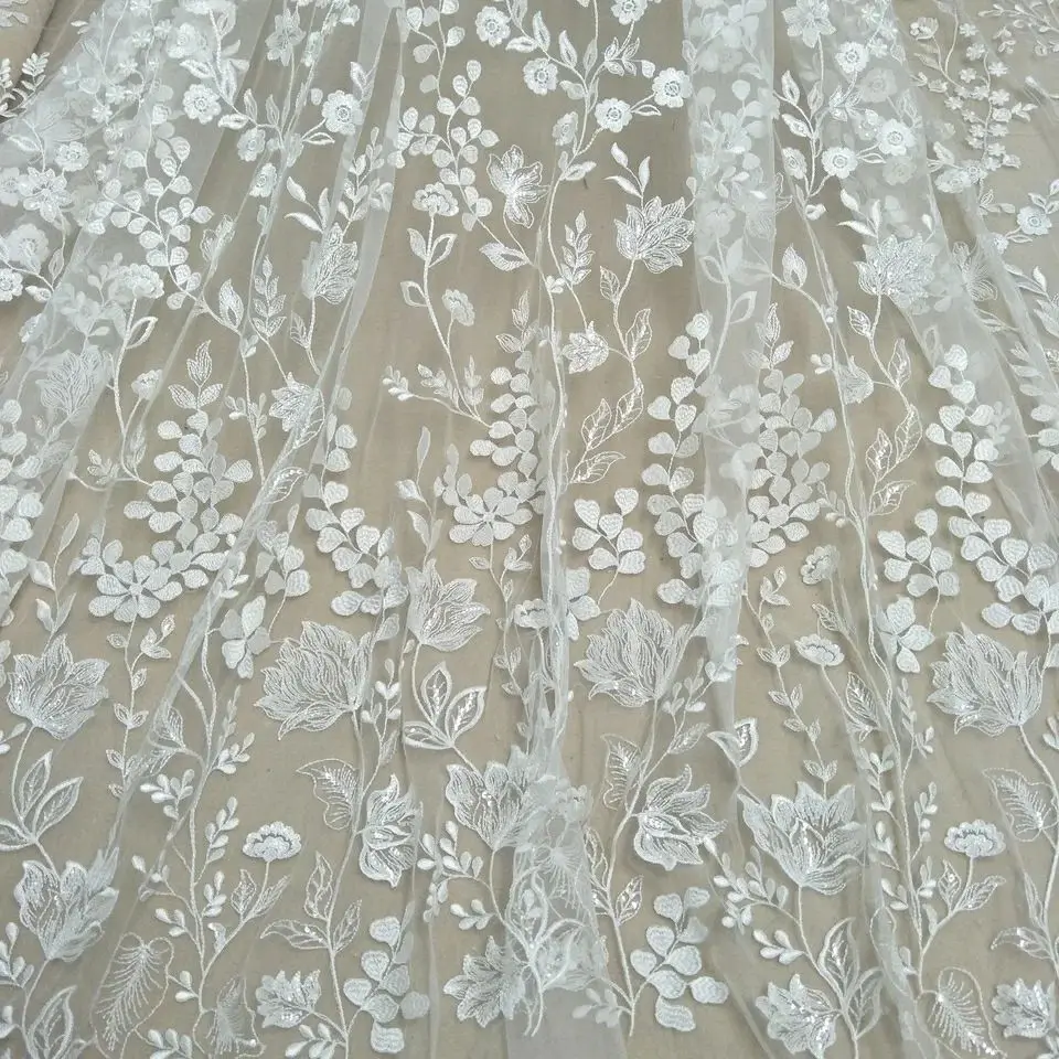 Elegant fashion bridal dress lace fabric 130cm width wedding dress fabric sequins lace selling by yard